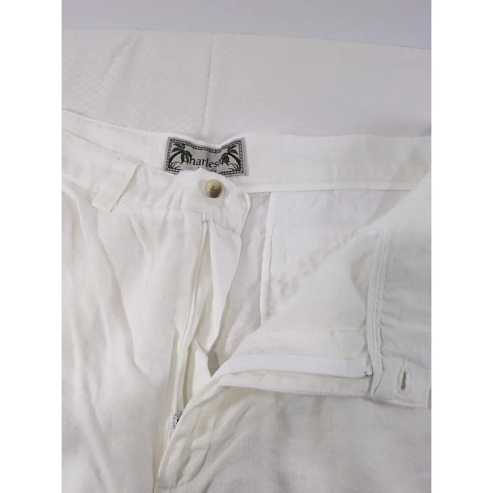 Charleston Twills Shorts Mens White 100% Linen - Chino Flat Front 40 X 9 - Picture 4 of 9